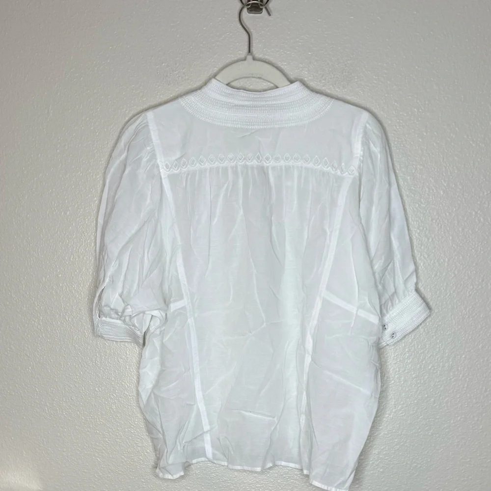 Madewell Women’s Embroidered Puff-Sleeve Banded-Collar Shirt Top NWT 12 White